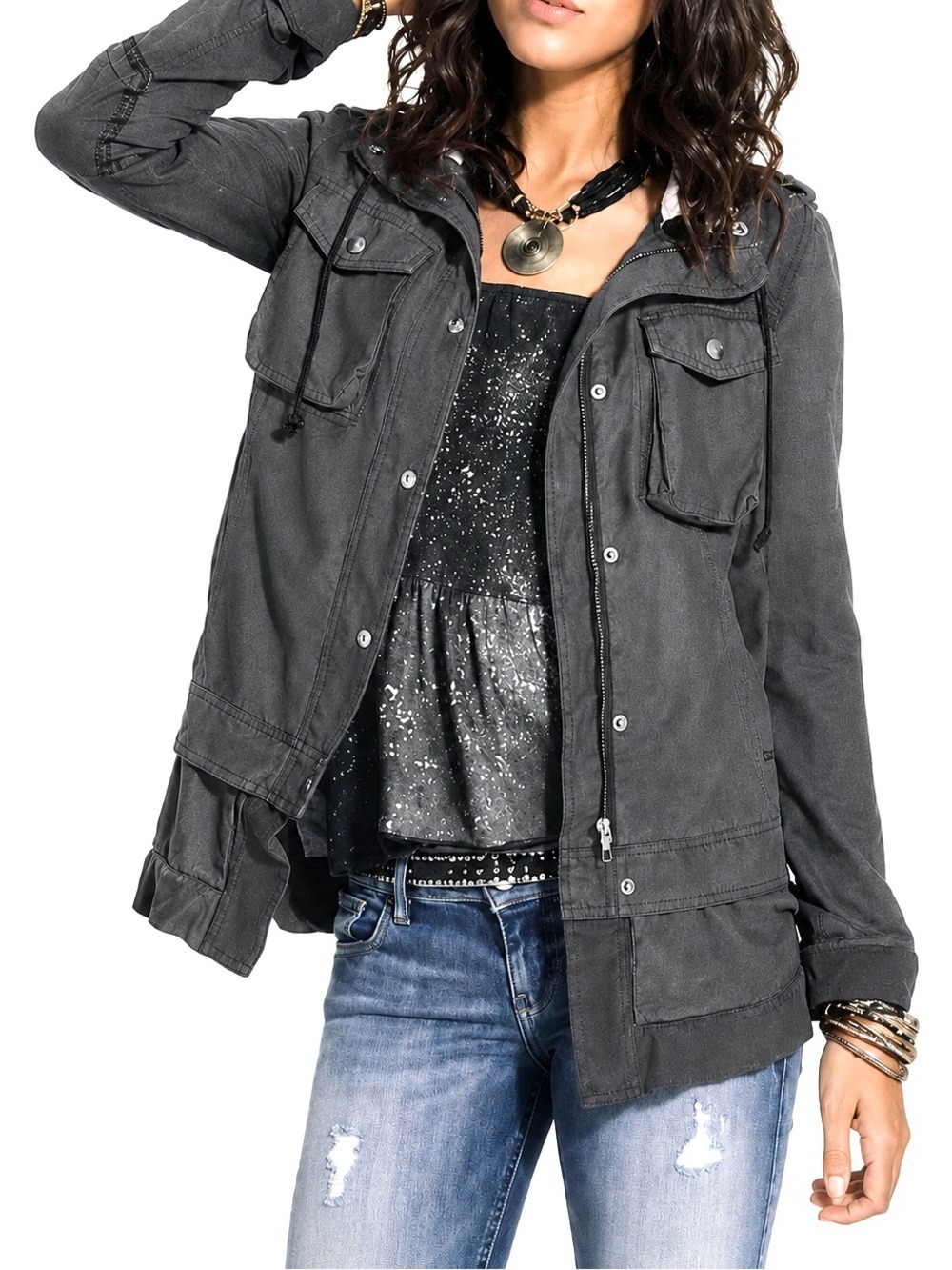 Free People Layered Slub Hooded Utility Jacket Washed Gray size large